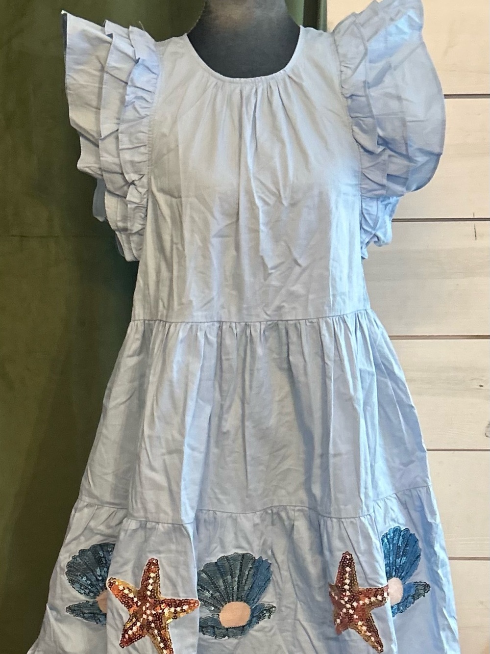 Light Blue Ruffle-Sleeve Mini Dress with Sequin Sea Motif